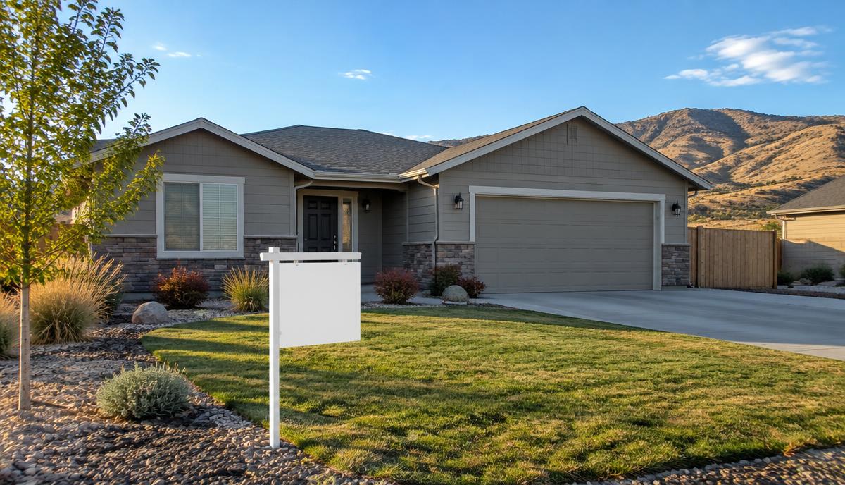 Modest single story house with a blank sign stake in the front lawn